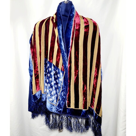Maya Matazaro American USA Flag Silk Burnout Velvet Shawl Wrap With Fringe NWT - Picture 7 of 11